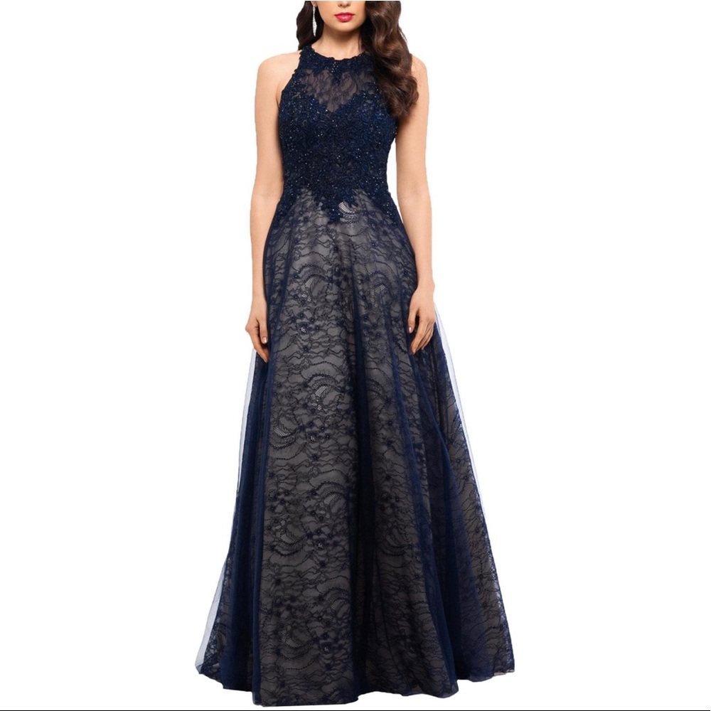 Navy Mesh Embellished Formal Evening Dress Gown | Xscape